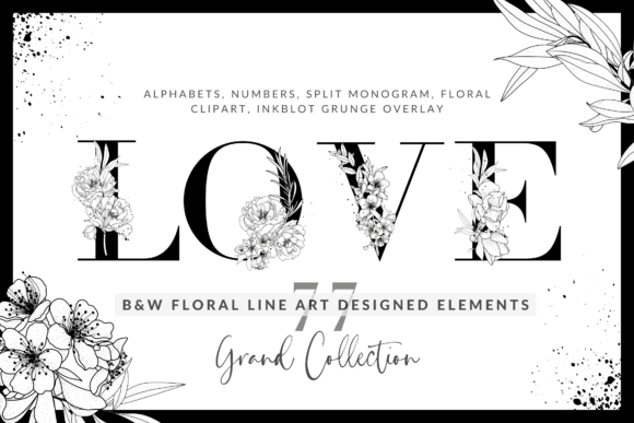 Download Black &amp; White Floral Line Art Alphabets - White Collection